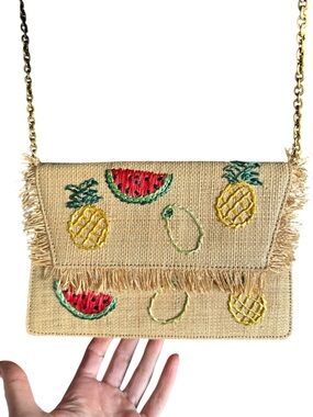 J.Crew Straw Crossbody Fruit Embroidered Bag Raffia Summer Coastal Boho